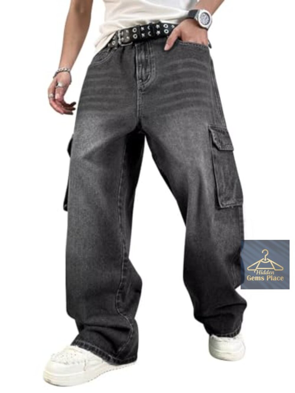 Mens Baggy Cargo Jeans Y2K Skater Vintage Wide Leg Denim Pants Loose Fit